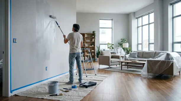 Painter rolling a crisp white wall in a modern Mid-City Santa Monica home